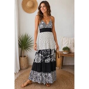 Women's Speed Control New York Black White Mixed Print Maxi Dress Size L Boho